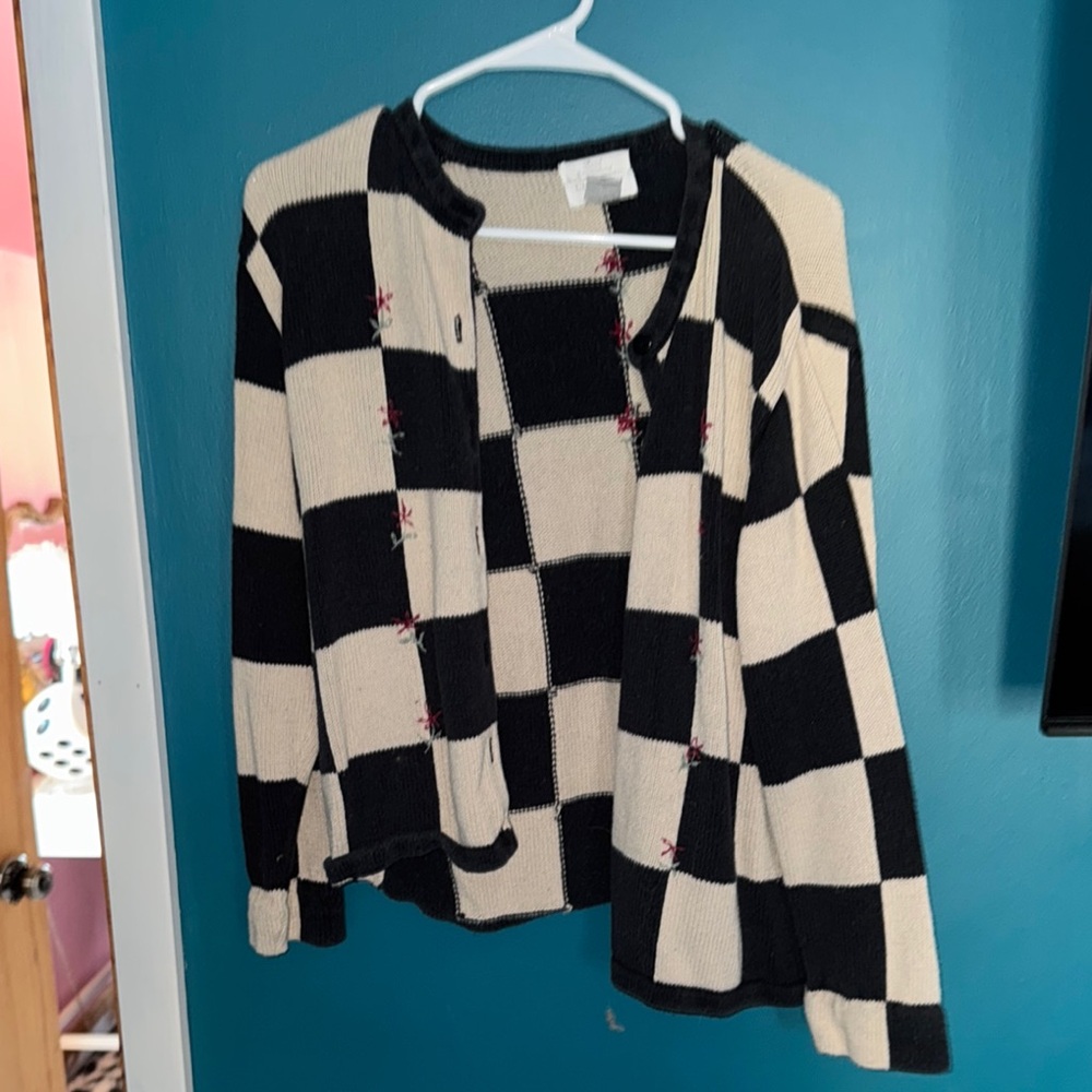 Checkered Black and Cream Cardigan Embroidered
